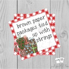 brown paper packages tied up with strings on a red and white checkered table cloth