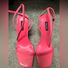 Nine West Hot Pink Heels Pink Heels With 4-inch Square Toe, Pink Synthetic Square Toe Heels, Pink Square Toe Heels For Formal Occasions, Pink Formal Heels With Heel Loop, Formal Pink Heels With Heel Loop, Pink Platform Heels With Square Toe, Pink Square Toe Platform Heels, Pink Formal Heels, Hot Pink Heels