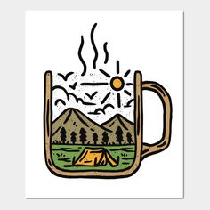 a mug with a campfire inside it and mountains in the background on a white paper