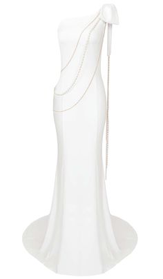 ASYMMETRIC CHAIN MAXI DRESS IN SNOWY White Dress With Long Train For Gala, Elegant Party Maxi Dress With Long Train, White Maxi Dress With Sweep Train For Evening, White Evening Maxi Dress With Sweep Train, White Sweep Train Maxi Dress For Evening, Elegant White Maxi Dress With Sweep Train, Evening Dresses Midi, Satin Corset Dress, Graceful Movement