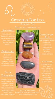 a hand holding some rocks with the words crystals for leo written below it and an orange background