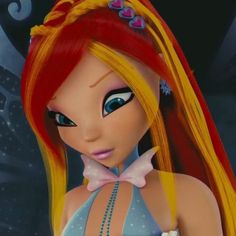 an animated girl with long red hair and blue eyes wearing a bow tie, standing in front of a dark background