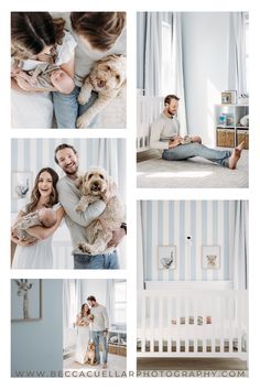 a man and woman are holding their dog while they pose for pictures in the same room