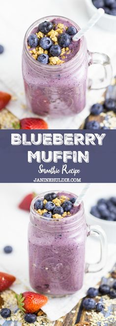 blueberry muffin smoothie recipe in a mason jar with strawberries and blueberries