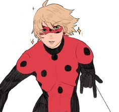 a drawing of a ladybug in black and red with her hands out to the side