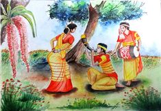 Bihu Festival, Bihu Dance, Ladybird Drawing, Festival Drawing, Dance Illustration, Festival Paint, Composition Drawing, Composition Painting, Dancing Drawings