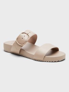 Leather Buckle Slide Sandal | Banana Republic Synthetic Slide Sandals With Adjustable Strap, Synthetic Slide Footbed Sandals With Buckle Closure, Taupe Leather, Palm Beach Sandals, Leather Buckle, Slide Sandals, Slip On Sandal, Banana Republic, Vegan Leather