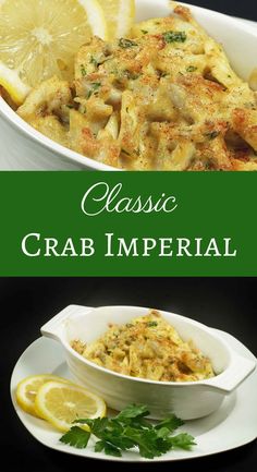 an image of crab imperial casserole with lemons and parsley on the side