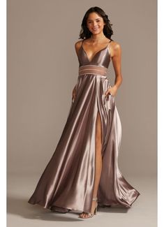 Shiny Satin Plunging Gown with Illusion and Slit X43391DQ96 Prom Dresses With Pockets, Smart Dress, Davids Bridal, Ball Dresses, Ball Gown, Sequin Dress, Wedding Decor