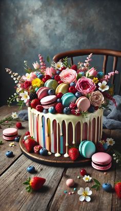 an image of a cake decorated with flowers and macaroons