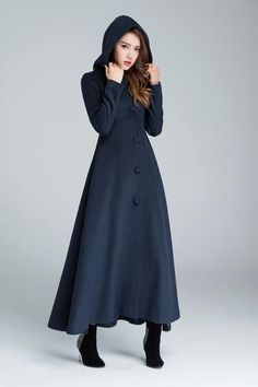 maxi coat, navy blue, wool coat, warm coat, hooded coat 1637 Long Wool Coat Women, Fit And Flare Coat, Stylish Winter Coats, Hooded Wool Coat, Princess Coat, Hooded Winter Coat, Long Black Coat, Elegant Coats, Black Winter Coat