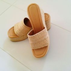 Never Worn, Nwot, Madden Girl Woven Raffia Slides Featuring A Wedge Design With 3.5"H At Heel And Wide Band. Casual High Heel Wedge Sandals In Straw, Casual High Heel Straw Wedge Sandals, Beige Straw Wedge Sandals With Woven Sole, Straw Slip-on Wedge Sandals, Straw Slip-on Wedge Sandals For Vacation, Vacation Straw Wedge Slip-on Sandals, Beige Slip-on Wedge Sandals With Woven Sole, Natural Wedge Sandals With Woven Sole And Round Toe, Beige Synthetic Summer Wedge Sandals