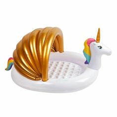 an inflatable unicorn bathtub with gold horn