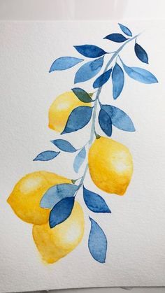 a watercolor painting of lemons and blue leaves