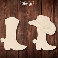 two wooden cutouts of hats on top of a wooden background with the words whimsy