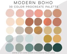 the modern boho color palette is shown in shades of brown, beige and green