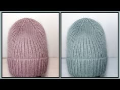 two hats that are knitted together and one is blue, the other has pink