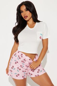 Available In White/Pink. PJ Boxer Short Set Long Sleeve Top Chest Pocket Matching Short Elastic Waistband Button Up Detail Stretch Final Sale Disclaimer: Print Placement May Vary 95% Polyester 5% Spandex Imported | Cherry On Top PJ Boxer Short in White/Pink size Medium by Fashion Nova White Stretch High-waisted Pajama Shorts, Pink High-waisted Casual Pajama Shorts, White High-waist Pajama Shorts With Elastic Waistband, Playful Pink Pajama Shorts, Pink High-waisted Relaxed Fit Pajama Shorts, Pj Shorts, Short Pj Set, Cherry On Top, Boxer Shorts