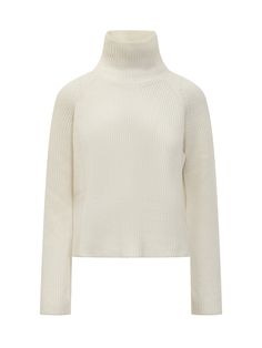 White wool sweater. Ribbed turtleneck.Composition: 100% Virgin Wool White Wool Turtleneck Tops, Wool Tops With Funnel Neck, High Neck Merino Wool Tops For Fall, Merino Wool Turtleneck Top For Spring, High Neck Wool Tops For Fall, Spring Merino Wool Turtleneck Top, Fall Wool Tops With High Neck, Fall Wool High Neck Tops, Winter Merino Wool Funnel Neck Top