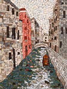 an artistic painting of a bridge in the middle of a city with cobblestones on it