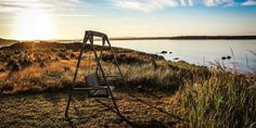 a swing set sitting on top of a grass covered field next to a body of water