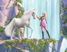 barbie and her white horse standing in front of a waterfall with pink flowers on it