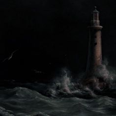 a painting of a lighthouse in the ocean at night