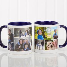 two coffee mugs with pictures of people and dogs on them, one is blue and the other is white