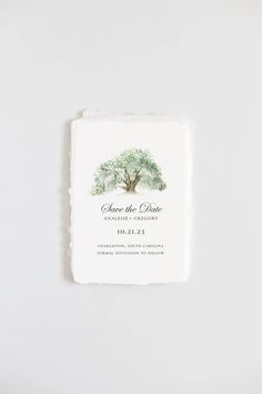 save the date card with an olive tree on it