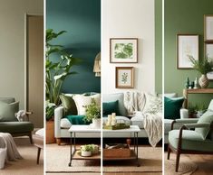 three pictures of living room with green walls and furniture in the same color palettes