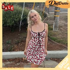 Women Summer American Cherry Print Off Shoulder Strap Dress Shoulder Strap Dress, Slip Mini Dress, Loose Mini Dress, High Neck Mini Dress, Dress Item, Cherry Dress, Cherry Print, Silk Mini Dress, Knit Mini Dress