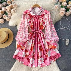 Floral Pattern Long Sleeve Belted Shirt Dress Summer Long Sleeve Dress For Garden Party, Summer Garden Party Long Sleeve Dress, Pink Floral Print Long Sleeve Dress, Pink Printed Feminine Mini Dress, Long Sleeve Summer Dresses With Rose Print, Pink Long Sleeve Spring Dress, Pink Long Sleeve Mini Dress For Fall, Pink Long Sleeve Dresses For Spring, Chic Red Long Sleeve Dress For Spring