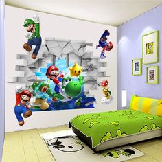 the mario bros bedroom is decorated in green and white colors, with super mario running through the wall