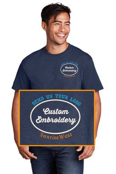 Custom Embroidery on 5.4 Ounce 100% Cotton T-Shirt. Get your logo digitized and embroidered onto your own custom t-shirt. Once you have placed your order, just email me your logo and I'll digitize it into embroidery. Team sports, schools, corporate uniforms, car clubs, volunteer organizations, non-profit organizations looking for new shirts and uniforms, we're the ones to talk to. Our t-shirts are 5.4 Ounce 100% Cotton T-Shirts from Port Authority. Max embroidery size: 4in x 4in. Blue Crew Neck T-shirt With Embroidered Text, Blue Crew Neck T-shirt With Embroidered Graphics, Blue Short Sleeve T-shirt With Embroidered Graphics, Blue Embroidered Graphics Short Sleeve T-shirt, Blue Embroidered Graphics T-shirt With Short Sleeves, Blue Embroidered Crew Neck T-shirt, Custom Logo Cotton Crew Neck Top, Crew Neck Cotton Tops With Custom Logo, Cotton Crew Neck Tops With Custom Logo