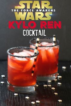 the star wars kylo ren cocktail is served in two glasses with straw garnishes