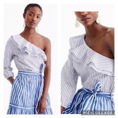 A One-Shoulder Striped Top In An Easy Cotton Poplin Means Your Day Just Got Waaaay Cuter. This Stylish Blouse Is From J. Crew. Features Long Sleeve, Flirty Ruffles, Elastic Cuff And Side Zip. Brand: J. Crew Size: 14 Material: Cotton Color: Blue/White Condition: Nwt Pit To Pit: Approx. 20 1/2” Length: Approx. 24” Casual Ruffled One Shoulder Top, Summer One Shoulder Top With Ruffles, White One Shoulder Top For Spring Day Out, One Shoulder Top For Brunch In Spring, Spring Brunch One Shoulder Top, Chic Blue One-shoulder Top For Summer, Chic Blue One Shoulder Top For Summer, One Shoulder Summer Workwear Blouse, One Shoulder Summer Blouse For Work