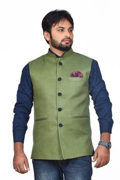 "This dress is shipped to you via a fast shipping so that normally the product is delivered to you in 3 to 5 days Only Waistcoat Jacket Style Ethnic Menswear Body Fit Size . All waist coat nehru jacket Also We Keep 2.5 Inches Extra Margin In The Dress. Disclaimer, Product Colour may slightly vary due to photographic lighting sources or your monitor settings. Care Instructions: Dry clean only When to wear: Suitable for both winter and summer season =waistcoat nehru jacket= Impress everyone with y Unstitched Bandhgala For Festive Winter Season, Semi-formal Nehru Jacket With Zari Work For Festive Occasions, Fitted Nehru Jacket For Semi-formal Diwali, Semi-formal Fitted Nehru Jacket For Diwali, Designer Green Long Sleeve Outerwear, Fitted Green Cotton Bandhgala, Festive Bollywood Green Nehru Jacket, Fitted Green Nehru Jacket With Dabka Detailing, Unstitched Nehru Jacket For Festive Winter Occasions