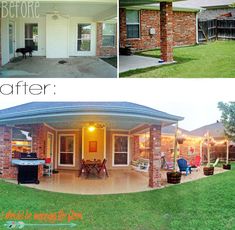 before and after photos of a brick house with grass in the front yard, covered patio