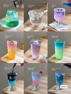 the different types of drinks are being poured into glasses and placed on top of each other