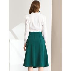 Crafted from knit fabric, this flare-hem skirt is suitable for a sophisticated style. A workwear staple, the flared skirt from Allegra K features an elasticized high-waisted fit, a pleated design, and an A-line cut. This elegant skirt is topped with a stretchy elastic waistband that flatters and defines the figure. It falls just below the knee and with a zip fastening. Pair it with a shirt for a more formal look. Stretch A-line Skirt For Work, A-line Pleated Office Skirt With Lining, Office A-line Pleated Lined Skirt, Fitted A-line Skirt For Workwear, Green A-line Workwear Skirt, Solid Color Flared Skirt For Work, Solid Color Flared Pleated Skirt For Work, Flared Pleated Skirt For Work, Solid Flared Pleated Skirt For Workwear