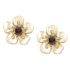 Fun and flirty, you'll be turning heads for sure in these statement making three dimensional blooming flower earrings! Polished gold tone flower earrings are a wonderful addition to your spring and summer look. The glittering crystals flower centers catch the light beautifully, adding major sparkle, making these earrings spectacular! Chic polished gold tone metal flowers have a realistic looking petals and are accented with a sparkling black glass crystal rhinestone center. Featherweight and so Flower Crystal, Flower Center, Metal Flower, 3d Metal, Crystal Flower, Metal Flowers, Summer Look, Blooming Flowers, Glass Crystal