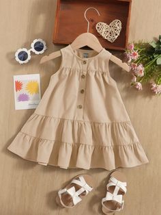 Apricot  Collar Sleeveless Woven Fabric Plain Smock Embellished Non-Stretch  Baby Girls Clothing Girls Dresses Diy, Baby Girls Dresses, Girls Dress Sewing Patterns, Kids Dress Wear, Baby Dress Design, Baby Dress Patterns