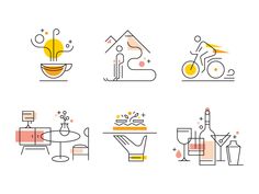 six line icons depicting different things that are in the form of houses and people on bicycles