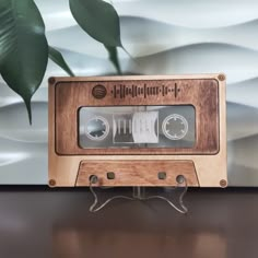 an old fashioned wooden cassette player on a table with a green plant in the background