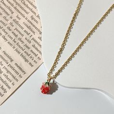 ♡ Beautiful Bespoke Jewelry ♡   Hand assembled in the UK ✿ Material ✿  - Strawberry  - 18K Gold Plated Link Necklace with Lobster Clasps and Extender Chain [SIZE]: Length of chain necklace is approx. 16.14 inch/41cm(excluding chain extender), extender chains: 70mm long, the width of chain necklace is 2 mm. ✿ Packaging ✿ - Card mounted - Transparent plastic sleeve  ✿ Delivery ✿ - Royal Mail tracked 48hr ♡ Follow us on - IG: vachana.jewellery ♡ Berry Colored Fruit Design Jewelry Gift, Sweet Jewelry With Fruit Design For Gift, Sweet Valentine's Day Necklace As Gift, Sweet Strawberry Print Jewelry As Gift, Handmade Gold Sweet Jewelry, Sweet Gold Jewelry For Valentine's Day, Valentine's Day Sweet Gold Jewelry, Sweet Gold Necklace For Gift, Sweet Gold Necklace As Gift