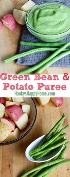 green bean and potato puree in a bowl next to sliced radishes