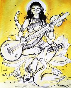 a drawing of a woman sitting on top of a lotus with a guitar in her hand