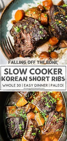 a plate full of slow cooker korean short ribs with carrots