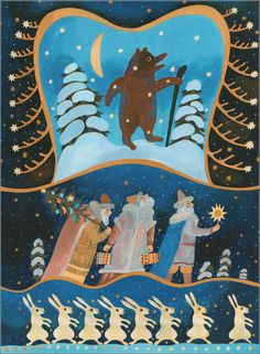 an image of a painting with people and bears on it in the snow at night