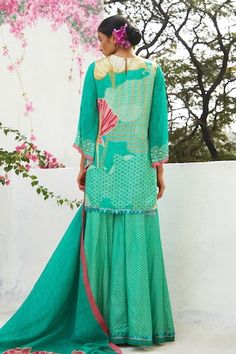 Aqua gajji satin kurta with floral print and sequins embroidery. Comes with sharara and an organza dupatta. - Aza Fashions Satin Kurta, Kurta And Sharara, Basil Leaf, Women Kurta, Straight Kurta, Sharara Set, Organza Dupatta, Sequins Embroidery, Set Women